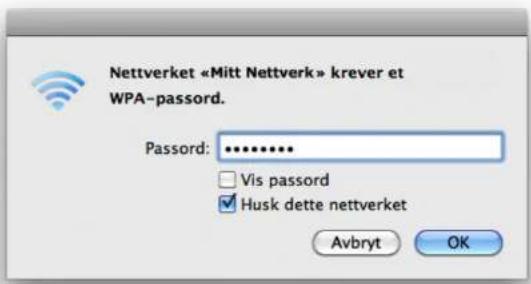 Nettverket «Mitt Nettverk» krever et WPA-passord. Password: ********** □ Vis password ✓ Husk dette nettverket Avbryt OK