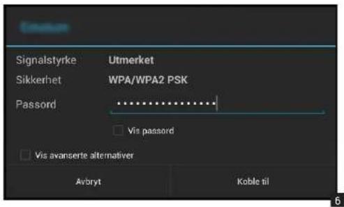 Signalstyrke Utmerket Sikkerhet WPA/WPA2 PSK Passord □ Vis password □ Vis avanserte alternativer Avbryt Koble til