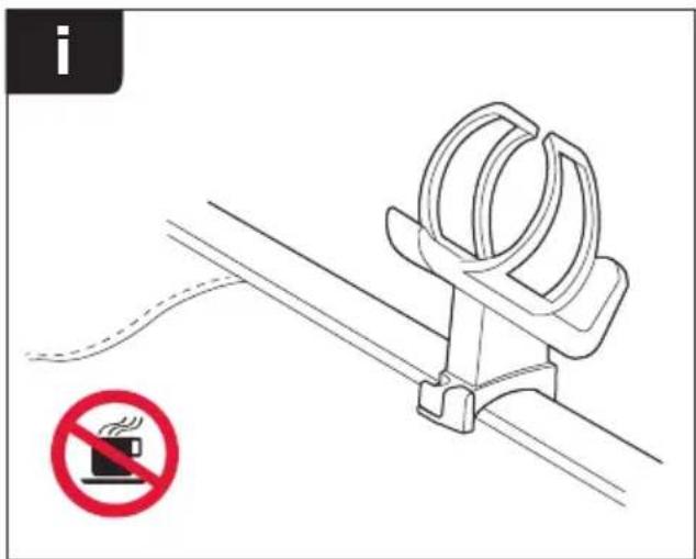 Diagram showing a cable clamp mechanism with a red prohibition sign indicating no heating or cooling.
