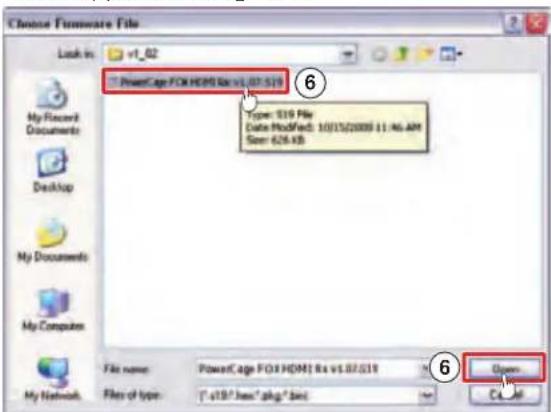 Choose Firmware File Look in: v1_02 My Recent Documents Desktop My Documents My Computers File name: PowerCage FCM HDM\rs.v1.07.019 Files of type: (*.v19*.hex*.gkg*.hex) Open Cancel