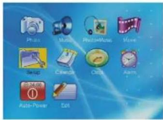 Photo Music Photo/Music Movie Setup Calendar Chat Alarm Auto-Power Edit