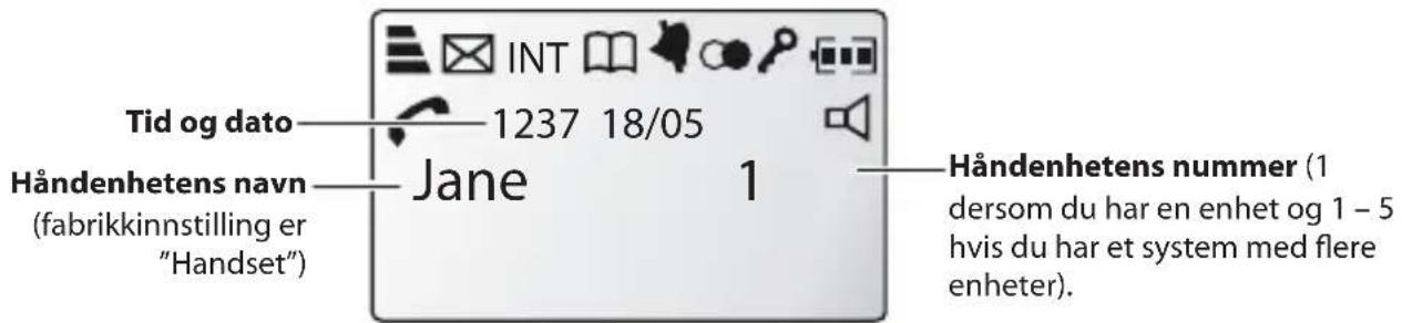 Tid og dato 1237 18/05 Håndenhetens navn (fabrikkinnstilling er "Handset") Jane 1 Håndenhetens nummer (1 dersom du har en enhet og 1 – 5 hvis du har et system med flere enheter).
