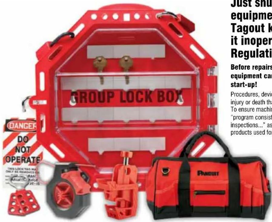 GROUP LOCK BOX OANGER DO NOT OPERATE THIS LOCK-TAS MA ONLY BE REMOVED TO "REDACTED" RACE PANDOUT Just shu- equipment Tagout k it inoper Regulati Before repairs equipment can start-up! Procedures, devio injury or death tha To ensure machin "program consist inspections..." as products used for