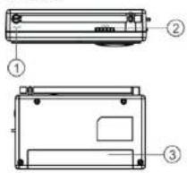 Technical diagram showing front and top views of a device with labeled components