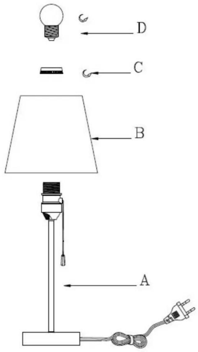 Diagram of a table lamp with labeled parts A, B, C, D and cable connection