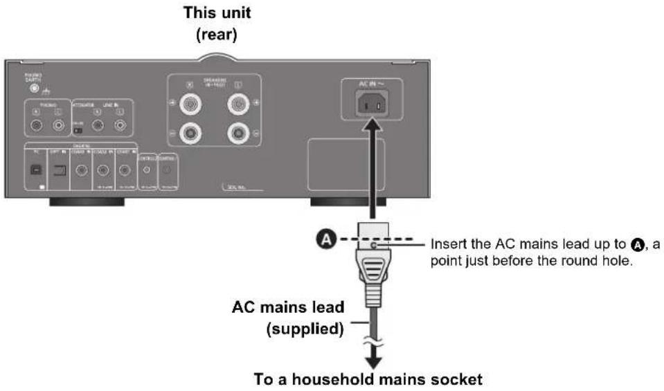 This unit (rear) AC IN ~ A Insert the AC mains lead up to A, a point just before the round hole. AC mains lead (supplied) To a household mains socket