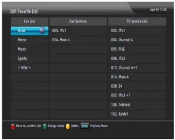 Edit Favorite List Apr-02 17:09 Fav List Fav Services TV Service List News 003. ITV1 003. ITV1 Movie 014. More 4 004. Channel 4 Music 005. FIVE Sports 006. ITV2 = NEW = 013. Channel 4+1 014. More 4 028. E4 033. ITV2 +1 100. Teletext 102. Rabbit Have to Another List Change name Delete MENU Previous Menu