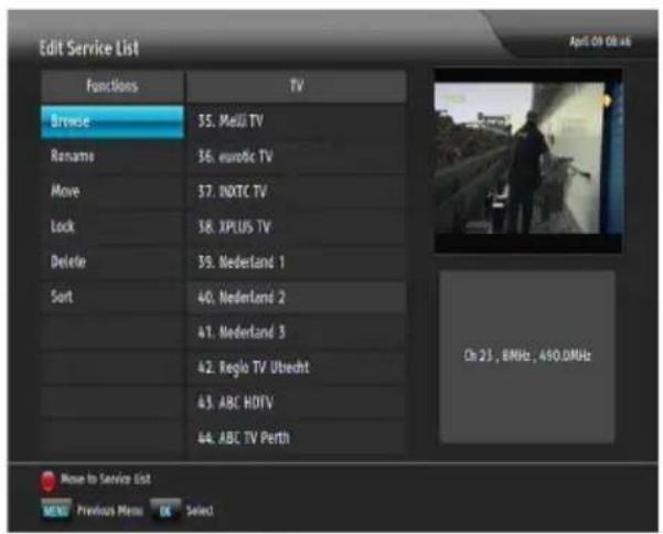 Edit Service List Functions TV Browse 35. MeEU TV Rename 36. eurotic TV Move 37. INOTC TV Lock 38. XPLUS TV Delete 39. Nederland 1 Sort 40. Nederland 2 41. Nederland 3 42. Regio TV Utrecht 43. ABC HDTV 44. ABC TV Perth Ch 23, BMHz, 480.0MHz Move to Service List MENU Previous Menu Select