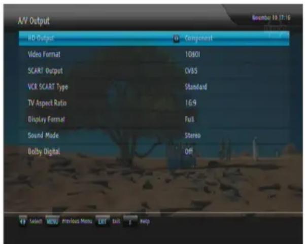 A/V Output I/O Output Video Format SCART Output VCR SCART Type TV Aspect Ratio Display Format Sound Mode Dolby Digital Component 10801 CVBS Standard 16:9 Full Stereo Off Select MENU Previous Menu EXIT EAG Help November 10 17:16