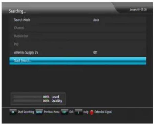 Searching... Search Mode Auto Channel Modulation Pip Antenna Supply 5V Off Start Search... 00% Level 00% Quality OK Start Searching MENU Previous Menu OUT Exit Help Extended Signal