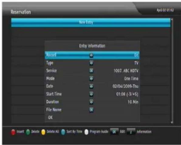 Reservation New Entry Entry Information Record Or Type TV Service 1007, ABC MDTV Mode One Time Date 02/04/2009-Thu Start Time 01:08 (-3/+5) Duration 10 Min File Name OK Insert Delete Delete All Sort by Time Program Guide Edit Information