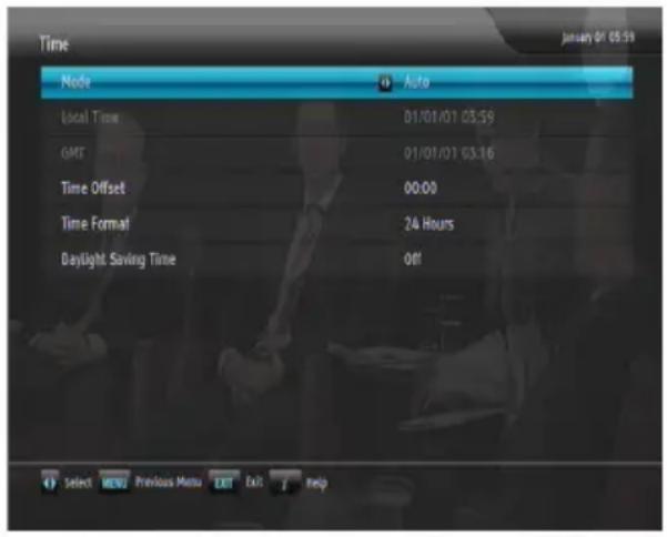 Time January 01 03:59 Node Auto Local Time 01/01/01 03:59 GMT 01/01/01 03:16 Time Offset 00:00 Time Format 24 Hours Daylight Saving Time Off Select MENU Previous Menu Exit Help