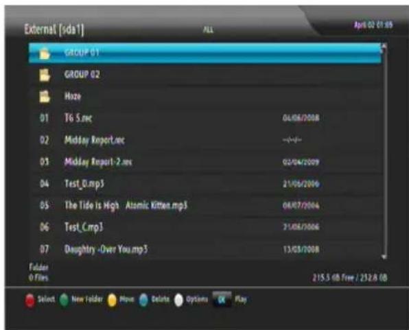 External [sda1] GROUP 01 GROUP 02 Haze 01 T6 S.mrc 02 Midday Report.mrc 03 Midday Report-2.mrc 04 Test_C.mp3 05 The Tide Is High Atomic Kitten.mp3 06 Test_C.mp3 07 Daughtry -Over You.mp3 Folder 0 Files 215.3 GB Free / 232.8 GB Select New Folder Move Delete Options Play