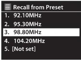 Recall from Preset 1. 92.10MHz 2. 95.30MHz 3. 98.80MHz 4. 104.20MHz 5. [Not set]