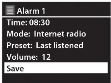 Alarm 1 Time: 08:30 Mode: Internet radio Preset: Last listened Volume: 12 Save