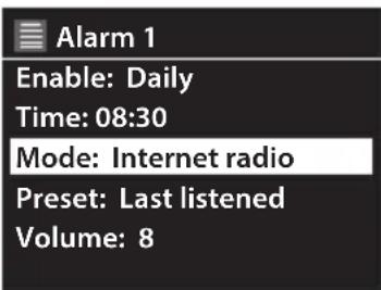 Alarm 1 Enable: Daily Time: 08:30 Mode: Internet radio Preset: Last listened Volume: 8