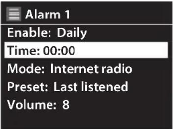 Alarm 1 Enable: Daily Time: 00:00 Mode: Internet radio Preset: Last listened Volume: 8