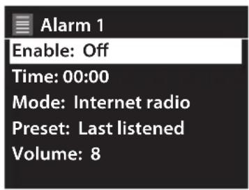 Alarm 1 Enable: Off Time: 00:00 Mode: Internet radio Preset: Last listened Volume: 8