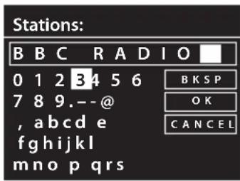 Stations: BBC RADIO 0 1 2 3 4 5 6 7 8 9.--@ , abcde fghijkl mno p qrs B K S P O K C A N C E L