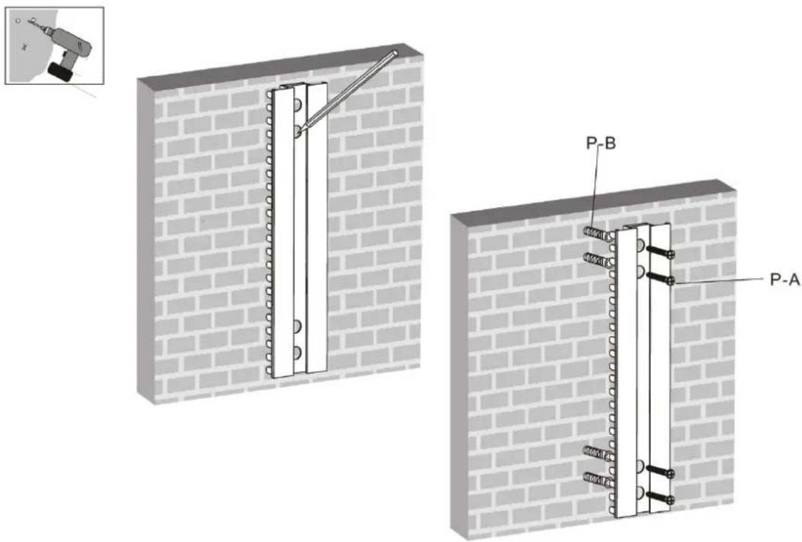 Technical diagram showing brick wall construction with labeled components P-A and P-B, including a close-up of a tool on the left.