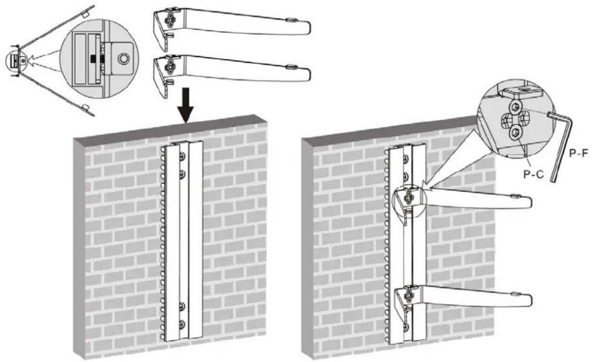 Technical diagram illustrating a mechanical assembly with labeled parts P-C and P-F, showing exploded view and detail of components.