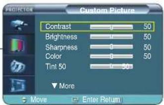 PRODUCTION Custom Picture Contrast 50 Brightness 50 Sharpness 50 Color 50 Tint 50 50 More Move Enter Return