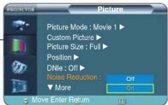 Picture Picture Mode : Movie 1 ▶ Custom Picture ▶ Picture Size : Full ▶ Position ▶ DNIe : Off ▶ Noise Reduction : ▼ More Off Off Move Enter Return