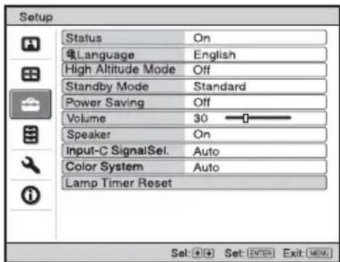 Setup Status On Language English High Altitude Mode Off Standby Mode Standard Power Saving Off Volume 30 Speaker On Input-C SignalSel. Auto Color System Auto Lamp Timer Reset Set: Add Set: Enter Exit View