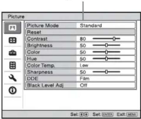 Picture Picture Mode Standard Reset Contrast 80 Brightness 50 Color 50 Hue 50 Color Temp. Low Sharpness 50 DDE Film Black Level Adj Off Set: + + Set: ENTER Exit MENU