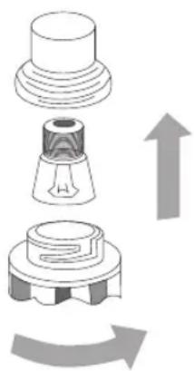Diagram showing three mechanical components with an upward arrow indicating rotation or assembly (no text or symbols present).