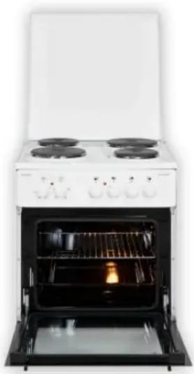 Exterior view of a white electric stove with four panes and an open oven (no text or symbols visible)