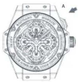 Technical line drawing of a mechanical watch with engraved circular design and labeled components