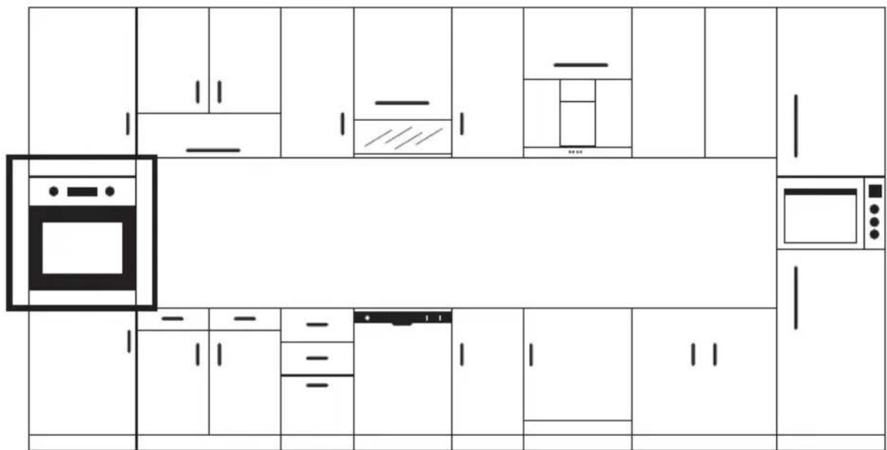 Architectural floor plan of a kitchen with labeled cabinets, ovens, and appliances