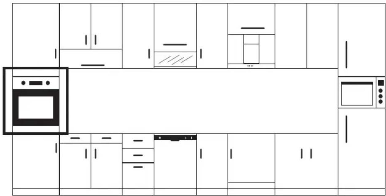 Architectural floor plan of a kitchen with labeled cabinets, ovens, and appliances