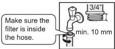 Make sure the filter is inside the hose. 3/4" min. 10 mm
