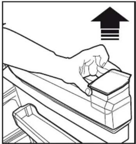 Line drawing of a hand using a tool to lift a stack of materials, with an upward arrow symbol above (no text or labels).
