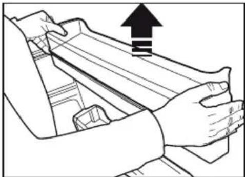 Line drawing of hands holding a mechanical component with an upward arrow indicating motion (no text or symbols).