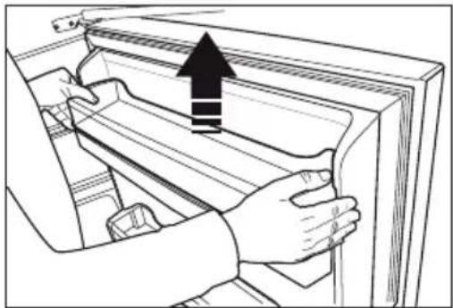 Illustration of a hand inserting a refrigerator into a rack with an upward arrow.