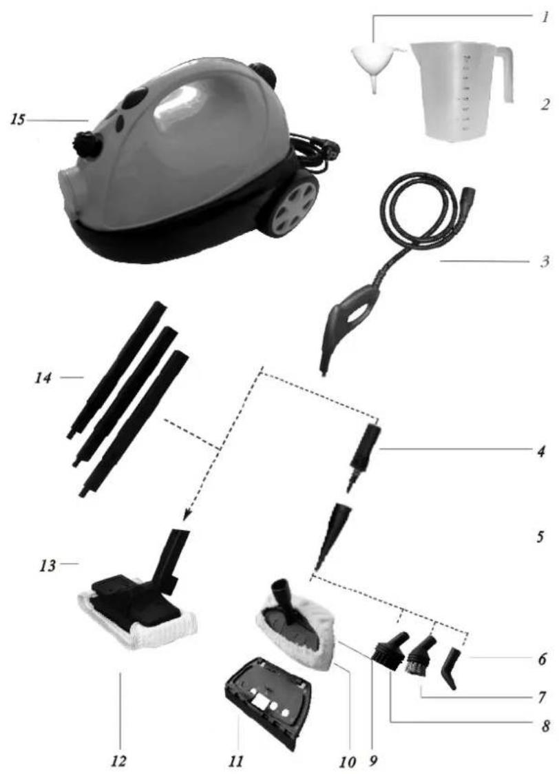Exploded view diagram of a vacuum cleaner with numbered parts for identification