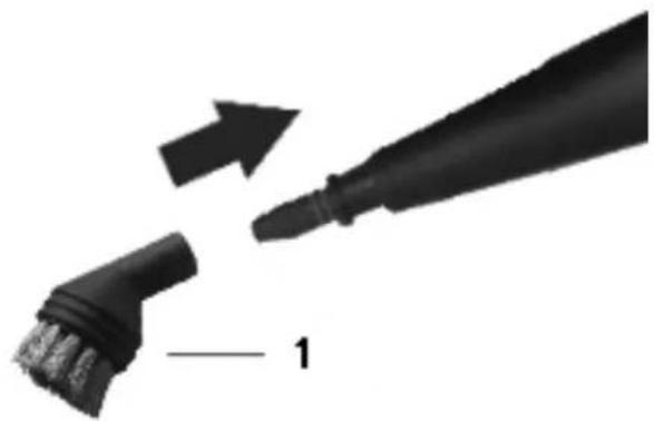 Close-up of a black cable connector with a pointed tip, showing a directional arrow and number 1 (no text or symbols on the diagram itself)