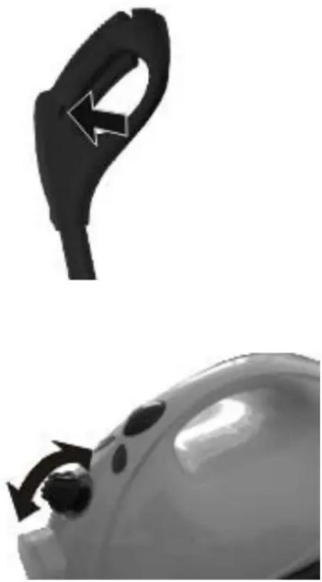 Two grayscale images showing a hand holding a curved object and a close-up of a device with arrows indicating motion (no text or symbols)