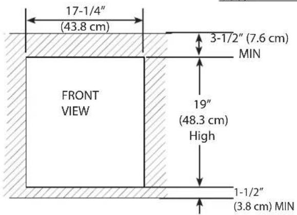 17-1/4" (43.8 cm) 3-1/2" (7.6 cm) MIN FRONT VIEW 19" (48.3 cm) High 1-1/2" (3.8 cm) MIN