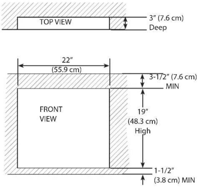 TOP VIEW 3" (7.6 cm) Deep 22" (55.9 cm) 3-1/2" (7.6 cm) MIN FRONT VIEW 19" (48.3 cm) High 1-1/2" (3.8 cm) MIN
