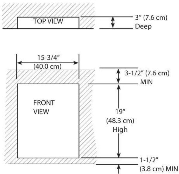 TOP VIEW 3" (7.6 cm) Deep 15-3/4" (40.0 cm) FRONT VIEW 3-1/2" (7.6 cm) MIN 19" (48.3 cm) High 1-1/2" (3.8 cm) MIN