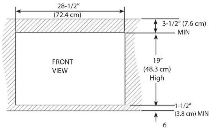 28-1/2" (72.4 cm) 3-1/2" (7.6 cm) MIN FRONT VIEW 19" (48.3 cm) High 1-1/2" (3.8 cm) MIN 6