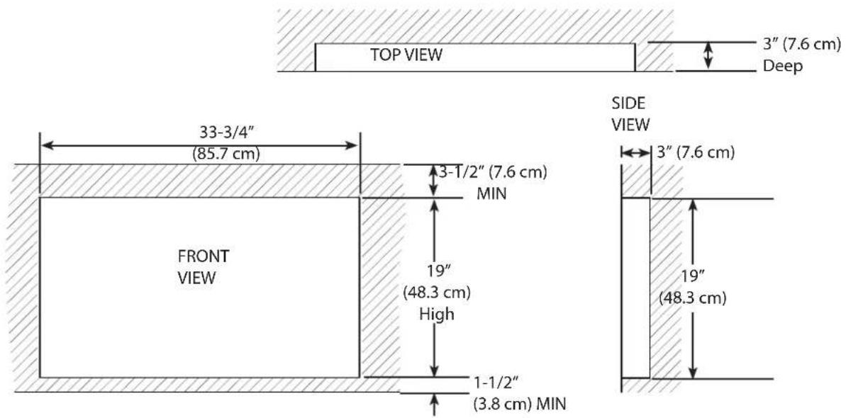 TOP VIEW 3" (7.6 cm) Deep 33-3/4" (85.7 cm) FRONT VIEW 3-1/2" (7.6 cm) MIN 19" (48.3 cm) High 1-1/2" (3.8 cm) MIN SIDE VIEW 3" (7.6 cm) 19" (48.3 cm)