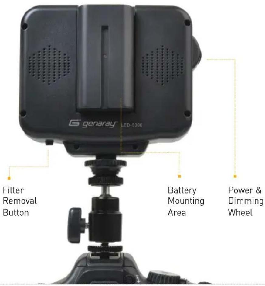 Genaray LED-5300 Filter Removal Button Battery Mounting Area Power & Dimming Wheel