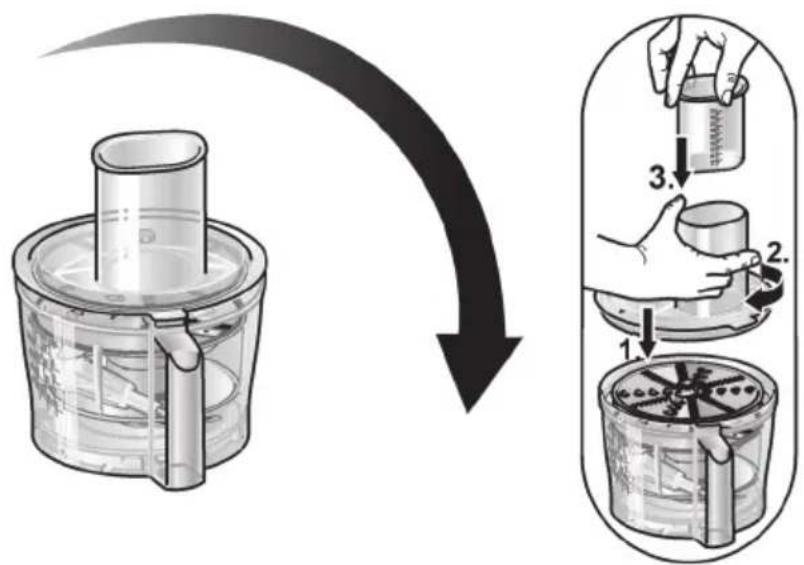 Diagram illustrating a food preparation step with labeled steps and a 3D container being handled.
