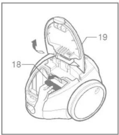 Technical diagram of a vacuum cleaner with labeled parts 18 and 19, showing internal structure and component layout.
