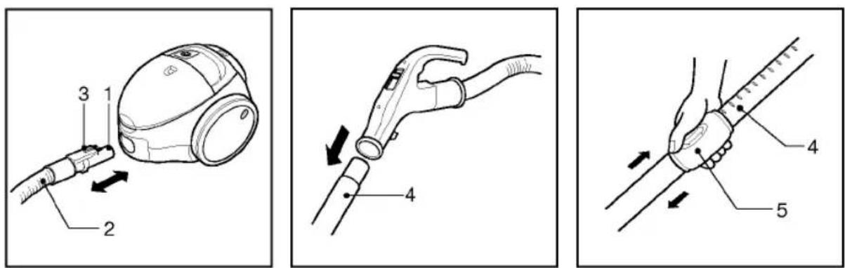 Technical diagram showing three-step installation of a vacuum cleaner with labeled parts and directional arrows indicating motion.